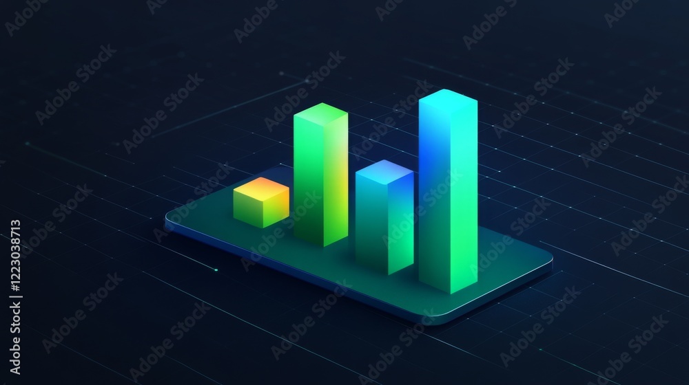 Poster a vibrant d bar graph with gradient bars in shades of blue and green, positioned on a dark grid back