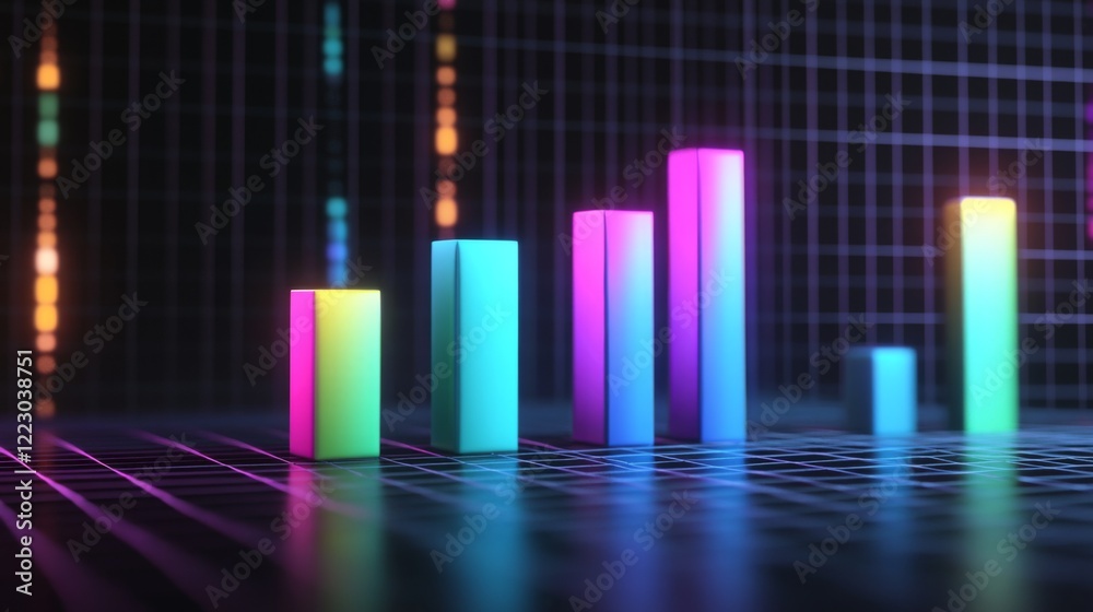 Poster A vibrant D bar graph with gradient bars in shades of blue and green, positioned on a dark grid background with soft lighting adding depth and dimension