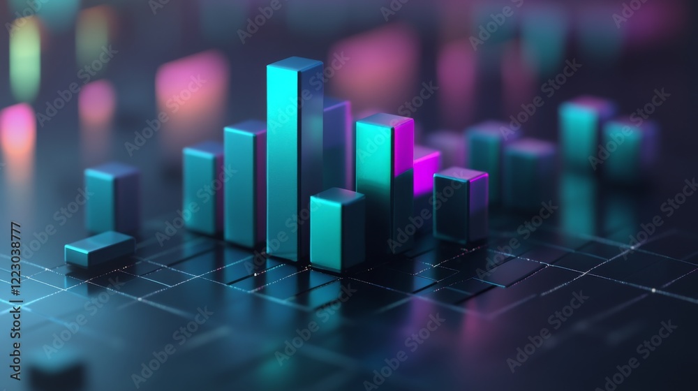 Fototapete A vibrant D bar graph with gradient bars in shades of blue and green, positioned on a dark grid background with soft lighting adding depth and dimension