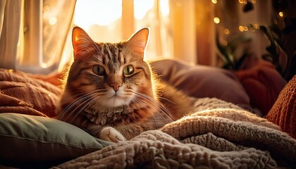 Cozy Cat Relaxing with Soft Lighting and Warm Blanket - Comforting Home Vibes