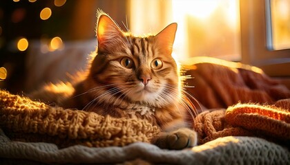 Cozy Cat Relaxing with Soft Lighting and Warm Blanket - Comforting Home Vibes