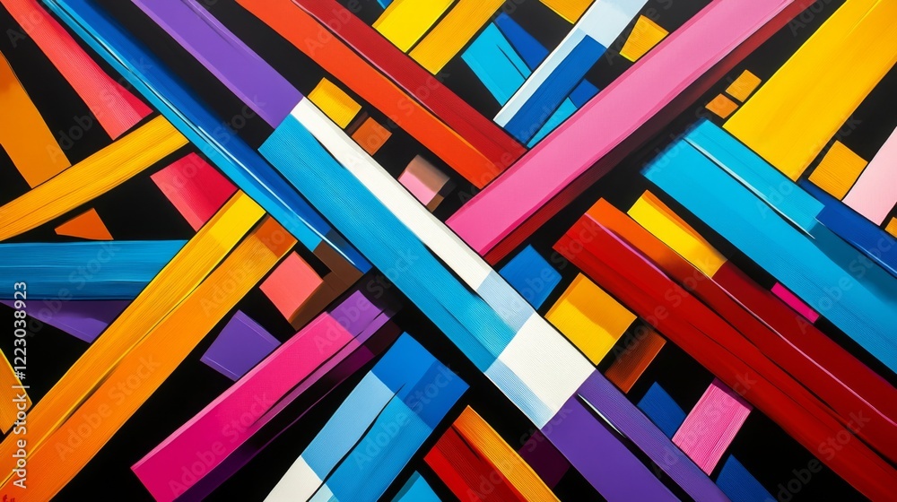 Fototapete a vibrant abstract composition of colorful diagonal lines crossing each other on a dark background, 