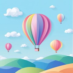 Hot air balloons flying over rolling green hills on a bright sunny day.