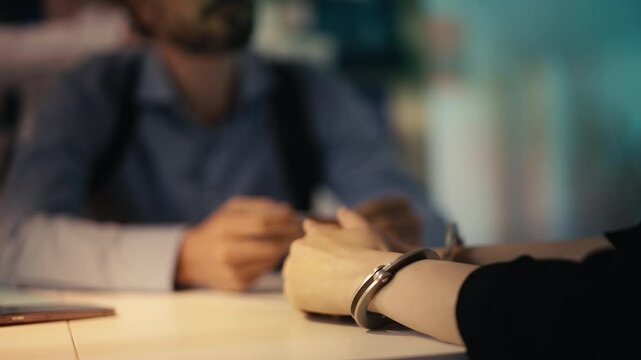 Police detective questions a handcuffed female suspect during an interrogation