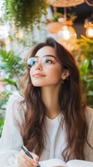 Obraz premium Envisioning Ideas: A Young Woman in Thoughtful Pose at a Cafe