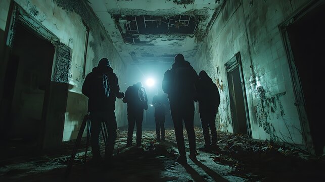Shadowy Figures in Abandoned Building: Silhouetted figures explore a decaying, dimly lit hallway in an abandoned building, creating an atmosphere of mystery and suspense.