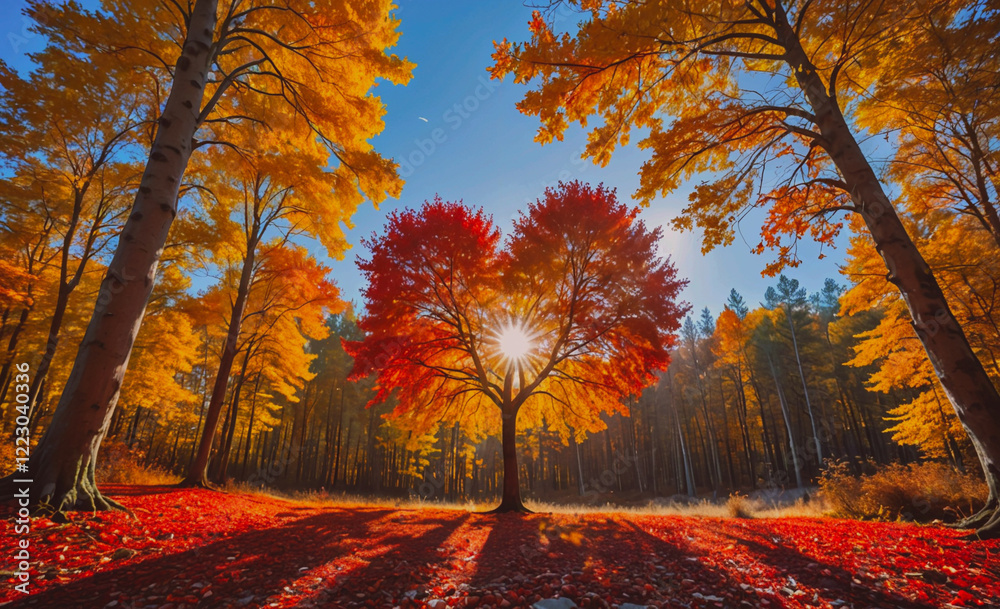 Aufkleber Tree with a heart shape in the middle of a forest. The sun is shining on the tree, creating a warm and inviting atmosphere