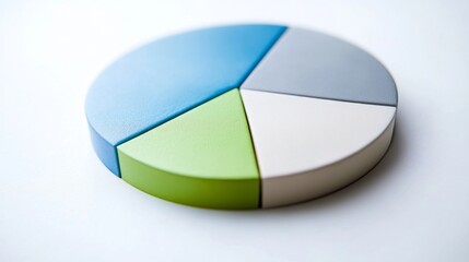 Obraz premium A vibrant pie chart with sections in various shades of blue, green, and gray, displayed on a bright white background for a crisp, clean financial look