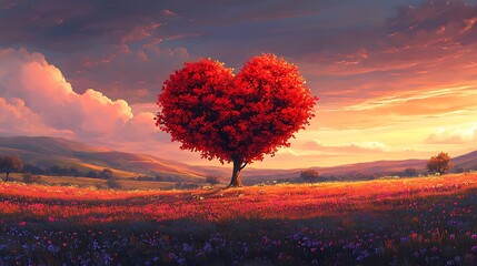 A heart shaped tree stands in the center background