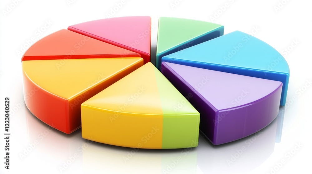 Fototapete a vibrant pie chart with segments in various colors, each part slightly separated, set on a reflecti