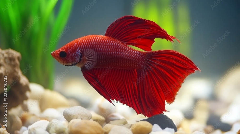Poster a vibrant red siamese fighting fish captured mid-swim, with its fins flowing dynamically in the wate