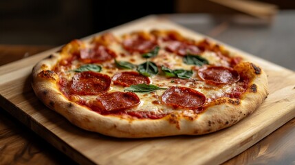 Delicious pepperoni pizza on wooden board.