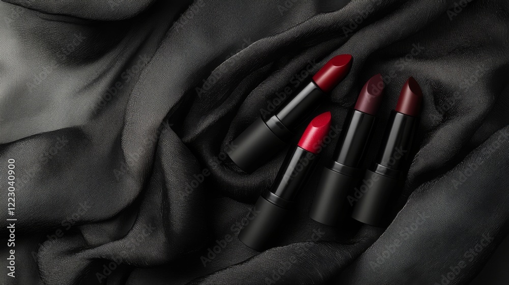 Poster a visually appealing arrangement of lipsticks in different shapes and sizes, set against a textured 