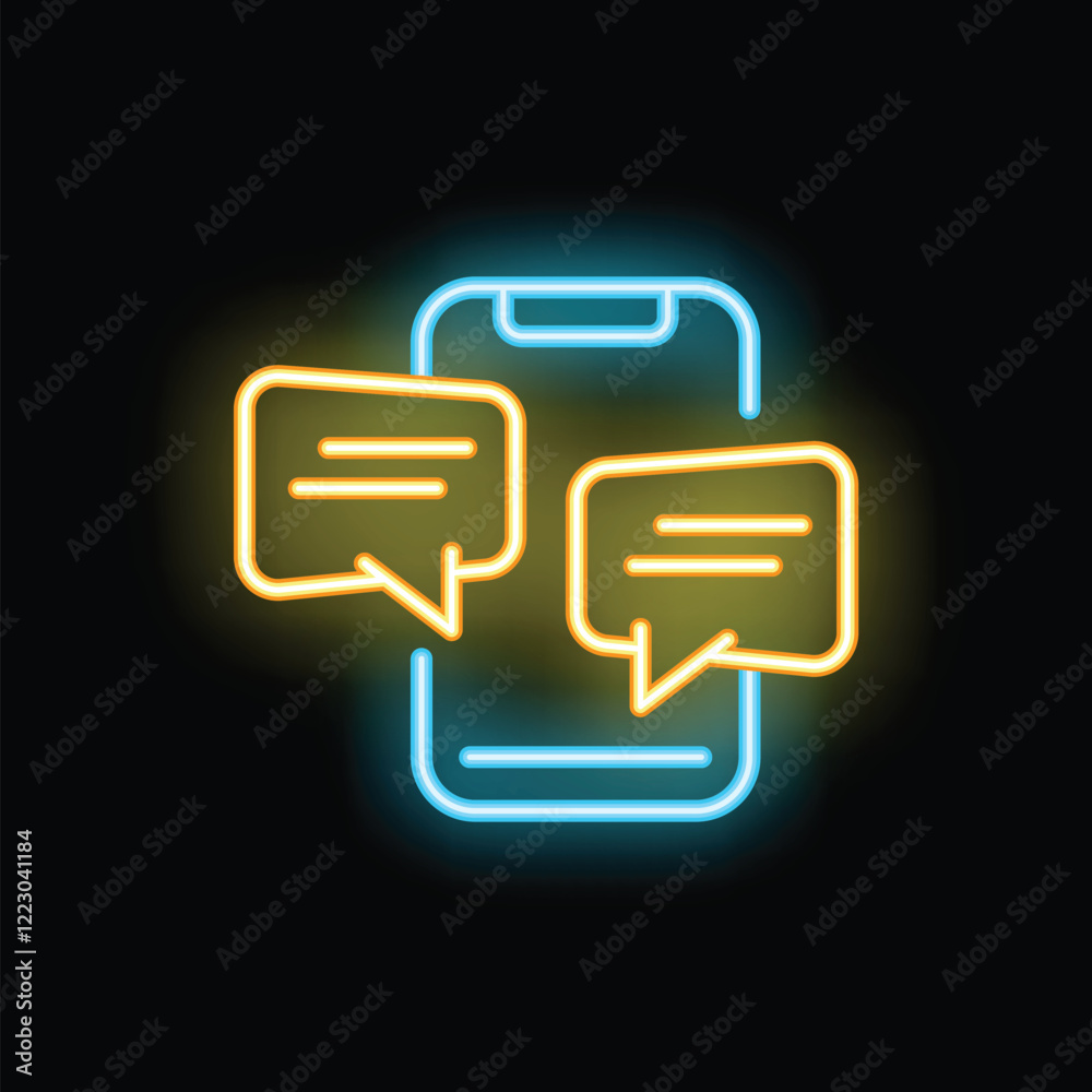 Poster neon sign representing a smartphone with two instant messages displayed on a black background