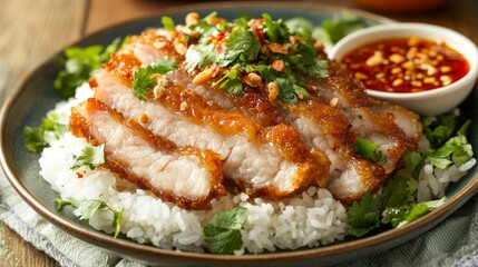 A warm and inviting image of fried pork belly served on a bed of rice, garnished with fresh herbs and accompanied by a small dish of chili sauce