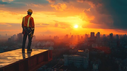 Fototapeta premium Construction Worker at Sunset: A lone construction worker, silhouetted against a breathtaking sunset over the city skyline, stands on a high-rise building.