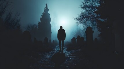 Fototapeta premium Solitary Figure in Foggy Cemetery: A solitary figure stands amidst a dense fog-shrouded graveyard, their silhouette stark against the ethereal glow of the moon. The image evokes a sense of mystery.