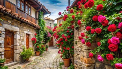 A majestic rose bush in full bloom amidst ancient stone walls and charming whitewashed houses of Nessebar's narrow cobblestone streets, flower field, nessebar