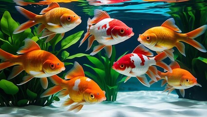 Colorful fish like goldfish or bass in lively, vibrant patterns.
