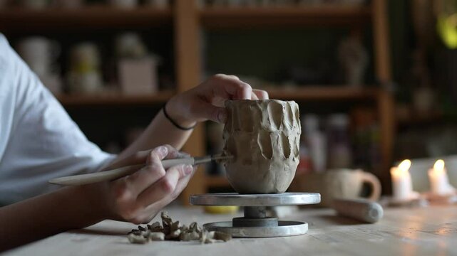 Female hands skillfully use pottery loop tool to scrape clay and carve decorative pattern on mug or vase. Refining pottery in workshop, precise design, raw clay texture enhancement, pottery detailing