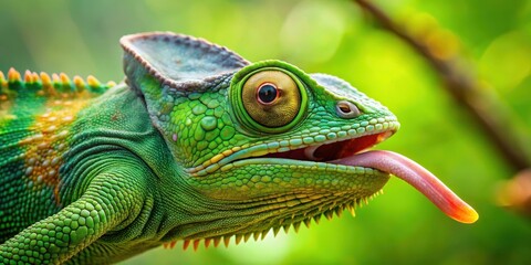 Fototapeta premium Large green chameleon with a long tongue sticking out of its mouth, chameleon, outdoors, chameleon, outdoors