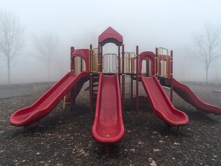 Smoggy Playground with Abandoned Slides Under Gray Fog, No Children in Sight