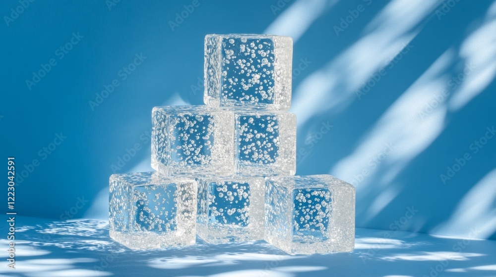 Poster clear ice cubes with bubbles trapped inside, stacked against a bright blue background, with light pa