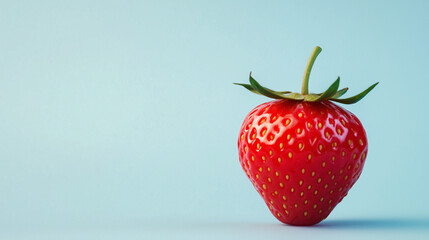 Fresh ripe strawberry with vibrant red color on a soft blue background perfect for healthy food advertising, nutrition blogs, and summer-themed marketing campaigns