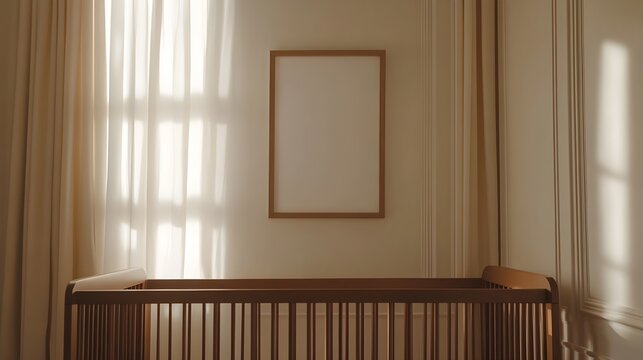 sunlit nursery with crib and empty frame