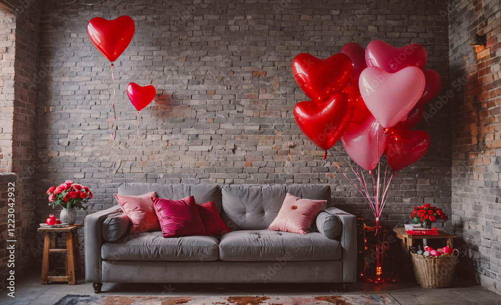 Poster room with a gray couch and a wall full of red balloons. the balloons are arranged in a way that they