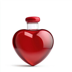 A heart-shaped glass bottle filled with a vibrant red liquid, symbolizing love and passion.
