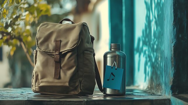 Outdoor backpack and blue note on metal bottle