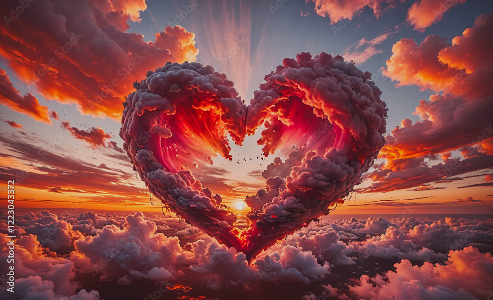 Poster heart made of clouds with a red sun in the background. the clouds are pink and orange, giving the im
