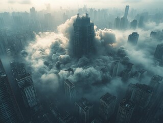 Fototapeta premium Surreal Cityscape of Crumbling Buildings Eclipsed by Smog and Clouds in an Atmospheric Dystopian Environment