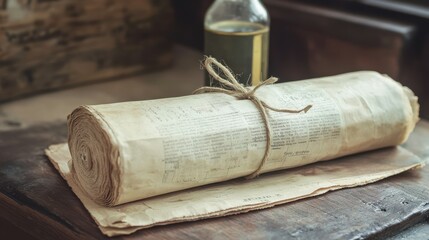 Vintage rolled paper scroll with twine on wooden desk