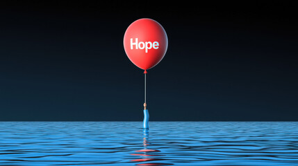 Mental Health Issues, flat illustration, A person holds a colorful balloon labeled "Hope" in a vibrant, high-fidelity image, showcasing positivity and joy.