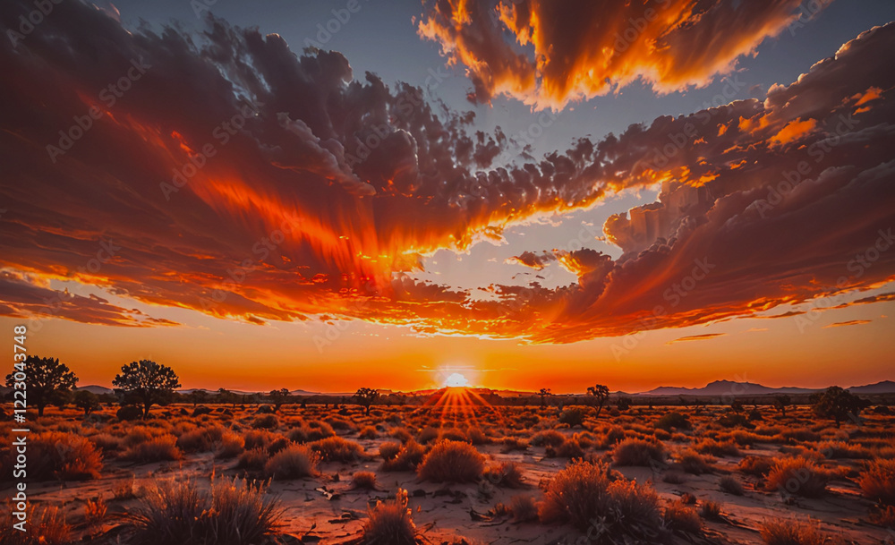Aufkleber beautiful sunset over a desert landscape with a few trees in the background. the sky is filled with 