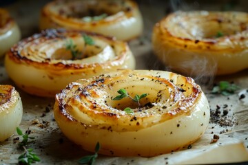 Deliciously roasted onion rings with fresh thyme: close-up of sizzling caramelized onions on baking sheet