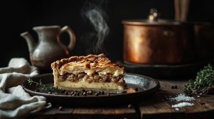 Rustic apple pie slice in cozy kitchen setting with vintage cookware and fresh ingredients