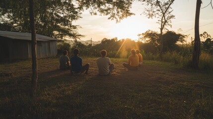 Four people meditate at sunset in rural landscape.
