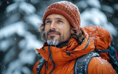 Intrepid Mountaineer Gazes Upward  Frost Capped Peaks Towering in the Distance