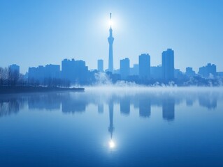 Obraz premium Urban Skyline Showing Stark Contrast with Water Reflection Under Blue Sky and Tower Rising in Silhouette at Sunrise