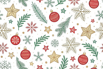 Festive Christmas seamless pattern with stars, snowflakes, ornaments, and pine branches on white background.