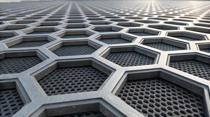 Obraz premium A close-up view of a perforated metal panel. The panel is composed of a repeating pattern of hexagonal shapes, creating a grid-like texture. The metal has a dark gray to black color, 