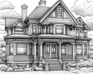 Minimalist Line Art of a Quaint Victorian House with Wraparound Porch and Decorative Gables