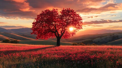 Fototapeta premium A heart shaped tree stands in the center background
