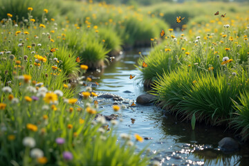 Serene meadow stream with butterflies and wildflowers