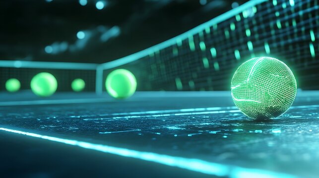 Glowing Green Ball on Futuristic Table Tennis Court with Blue Neon Lights