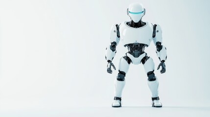 Fototapeta premium A full-body perspective of a humanoid robot with a streamlined appearance and articulated limbs, situated in a clean, minimalist tech studio