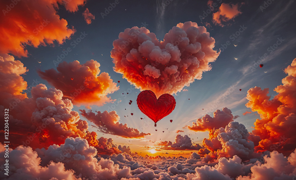 Poster Heart is floating in the sky above a cloud of red and orange clouds. The heart is surrounded by many other hearts, creating a sense of love and warmth. The sky is filled with clouds, giving the scene